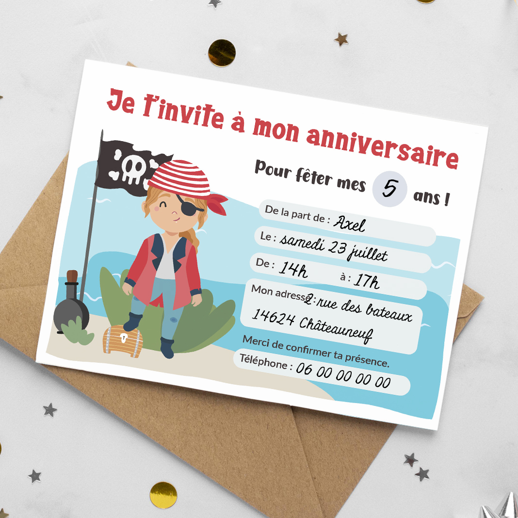 Carte invitation anniversaire enfant personnalisée Thème pirate